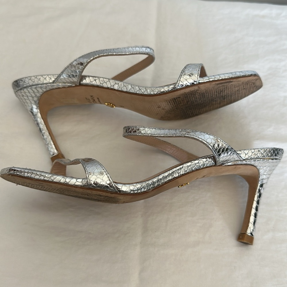 Stuart Weitzman Aleena Sandals in Silver Mini Snake Print 2.5” Heel Pumps Size 5 - Picture 13 of 16